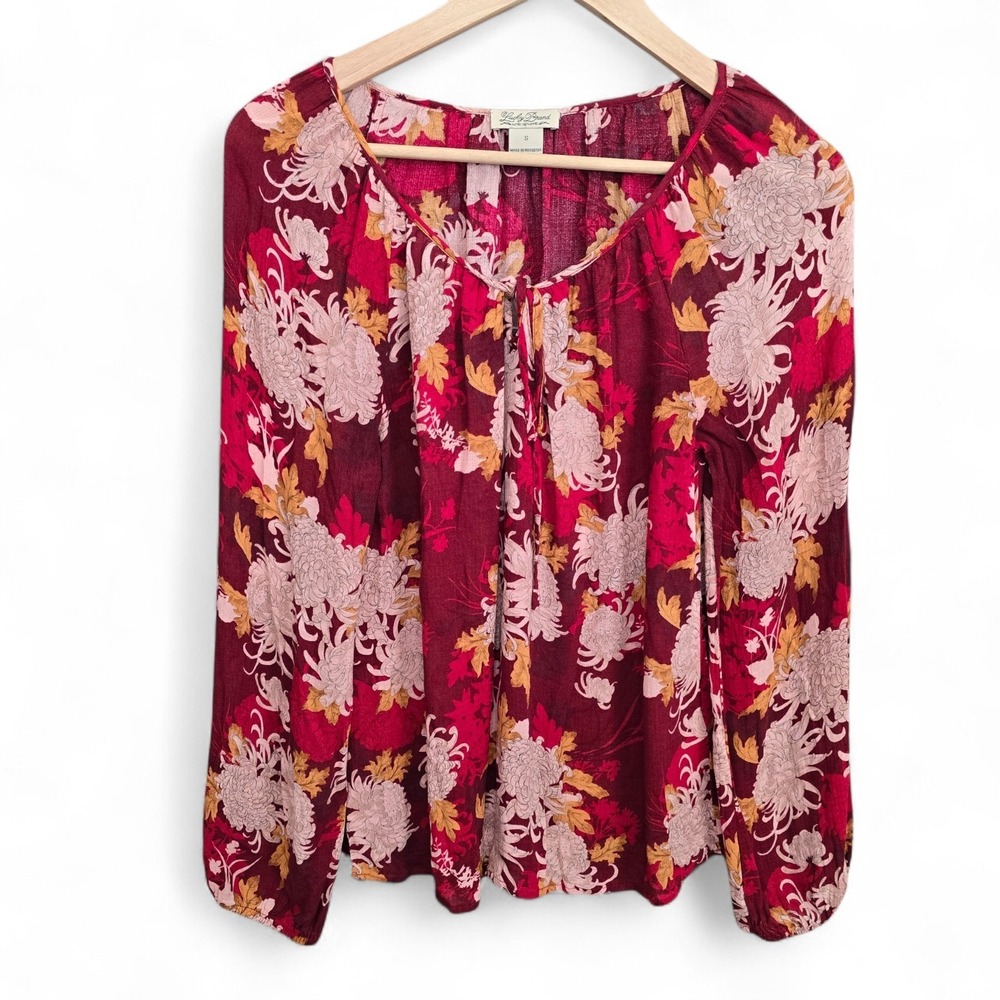 Lucky Brand Top Womens Small Burgundy Peasant Blouse Boho Floral Print Neck Tie